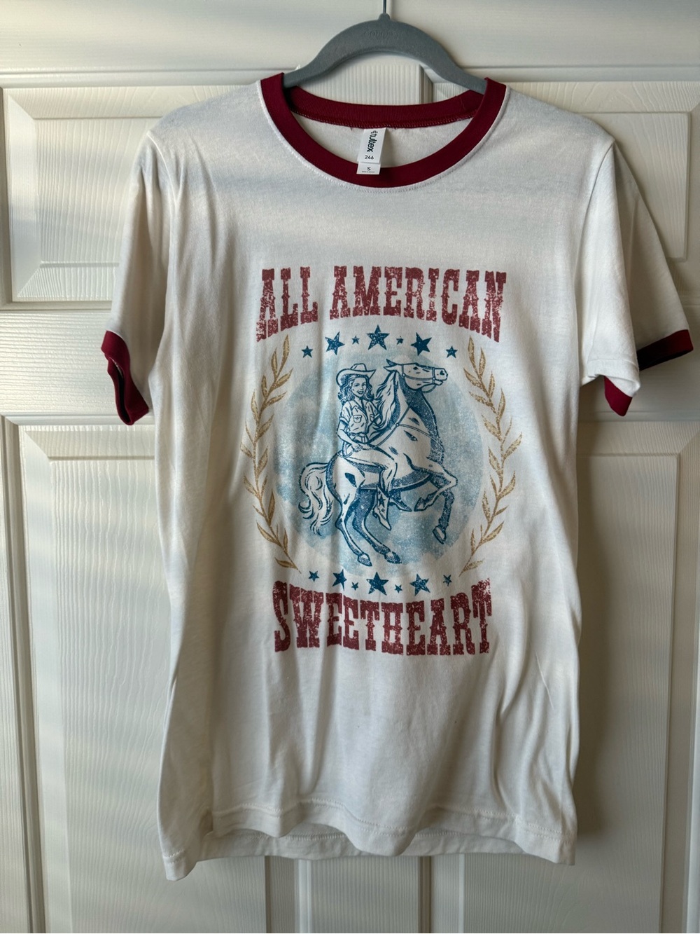 Tultex White Tee with Burgundy Ringer Trim and Red Graphic